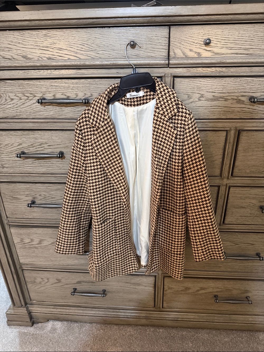 Houndstooth Open Front Blazer Jacket in Brown & Cream